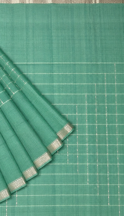Mangaligiri Silk  Saree with  Thread  Weaving Checks Design and Golden Zari Temple  Border -  Sea Green