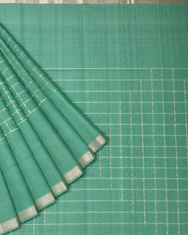Mangaligiri Silk  Saree with  Thread  Weaving Checks Design and Golden Zari Temple  Border -  Sea Green