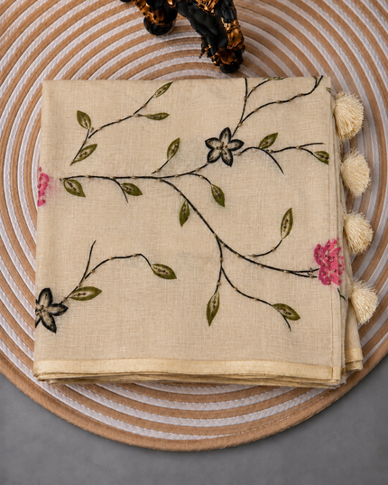 Linen Saree with Floral Print and Kardhana Work - Beige &Pink
