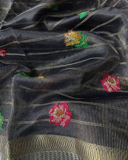 Chanderi Silk saree Cross Stich Work and Golden Border - Navy