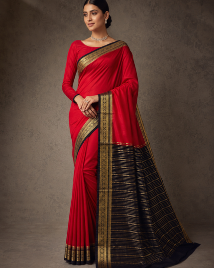 mysore Crepe sarees with Contrast Border - Red
