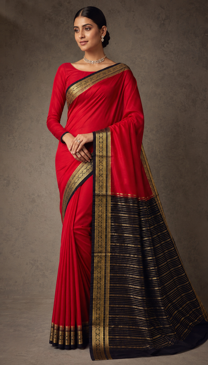 mysore Crepe sarees with Contrast Border - Red