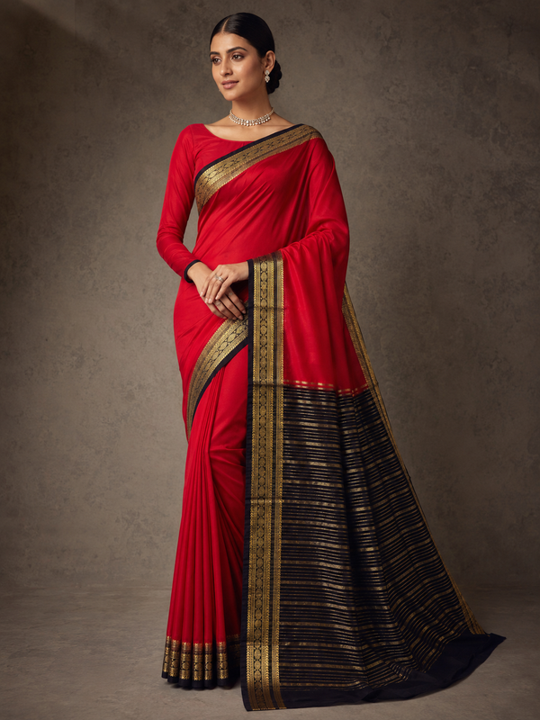 mysore Crepe sarees with Contrast Border - Red
