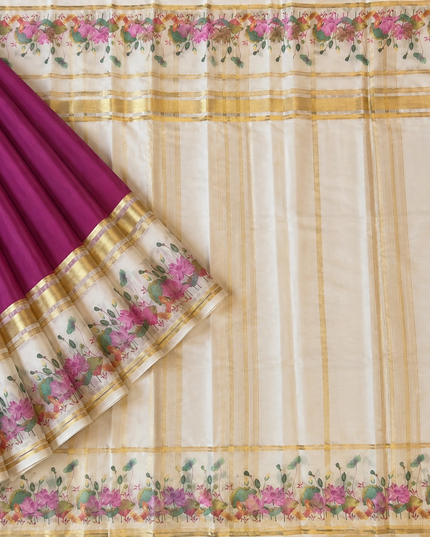Crepe Saree With Gap Border and  Floral Print -  Lavender