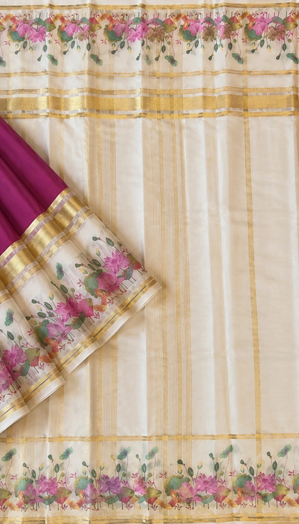 Crepe Saree With Gap Border and  Floral Print -  Lavender