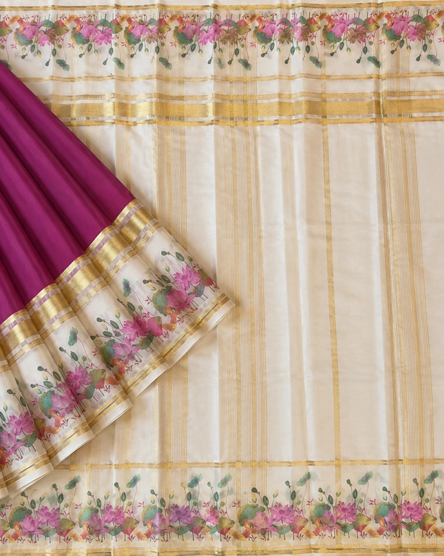 Crepe Saree With Gap Border and  Floral Print -  Lavender
