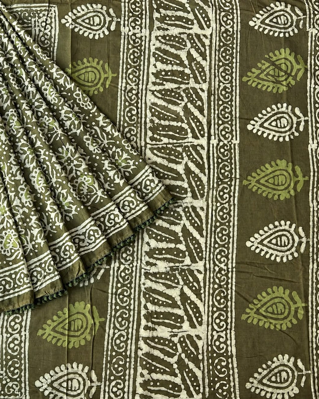 Mul Cotton Saree with Hand Block Print Border- Green