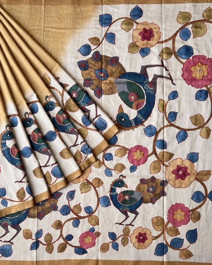 Tusser Saree with Floral and Peacock  Print with Kantha Work and contrast Border -  Mustard