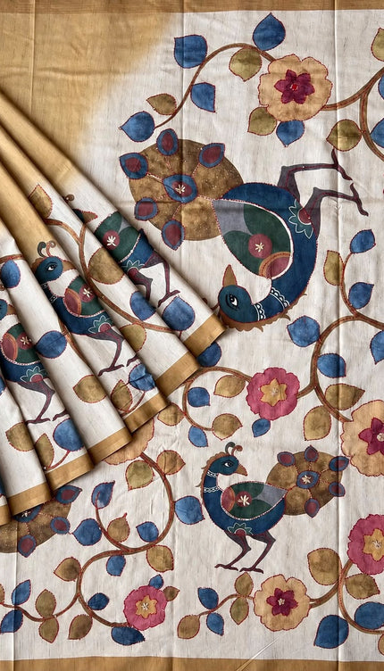 Tusser Saree with Floral and Peacock  Print with Kantha Work and contrast Border -  Mustard