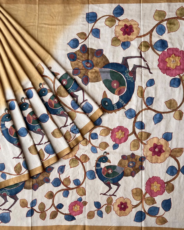 Tusser Saree with Floral and Peacock  Print with Kantha Work and contrast Border -  Mustard
