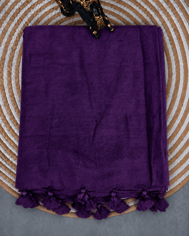 Mul cotton saree and Border Less with Tassels-  Violet
