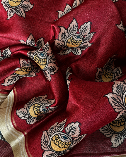 Kora Tusser kalmkari Sarree  With  Dori work and  Golden Border-  Maroon