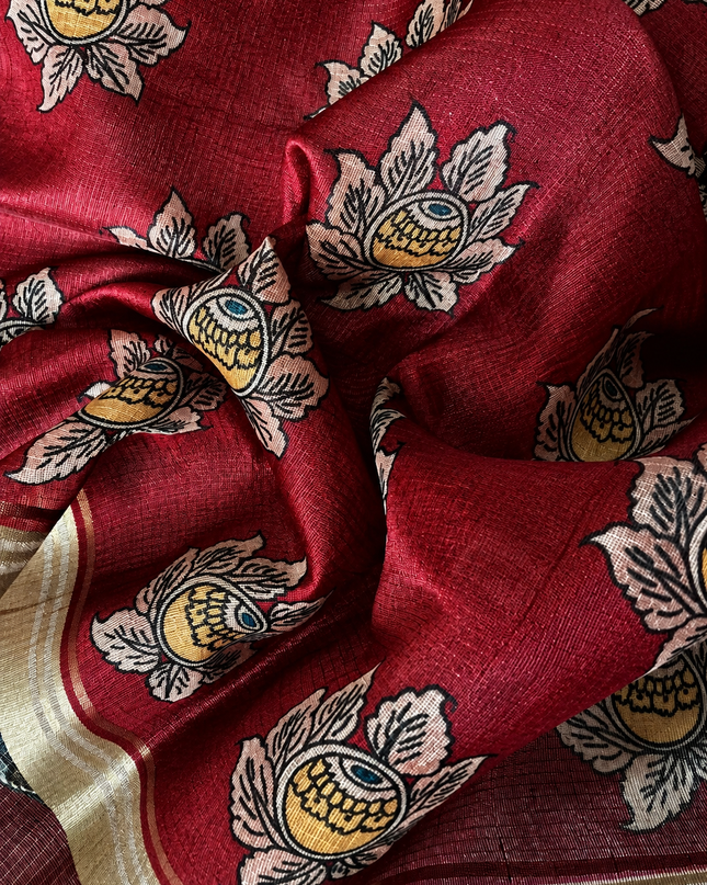 Kora Tusser kalmkari Sarree  With  Dori work and  Golden Border-  Maroon