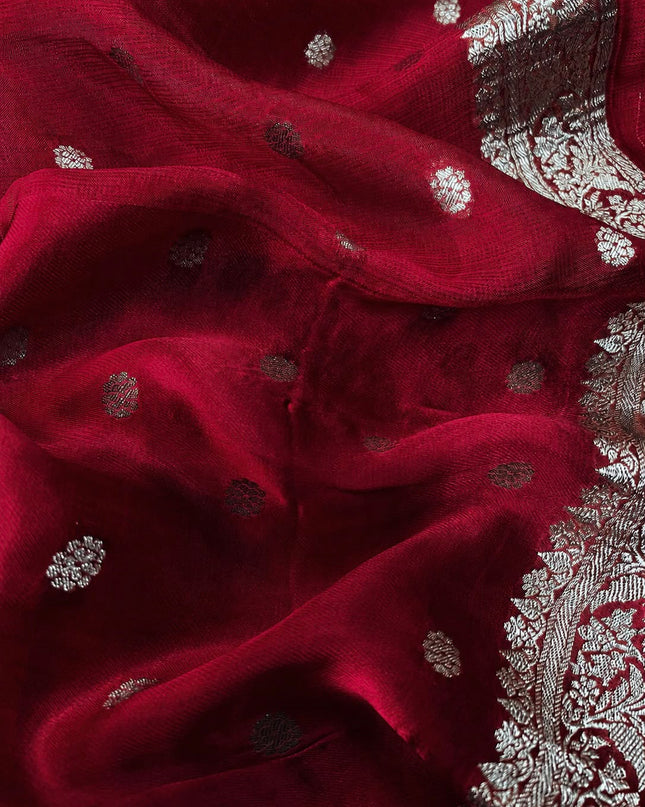 Manipuri kota  Gold and silver  Zari weaving Buttis  with Satin Border -  Maroon