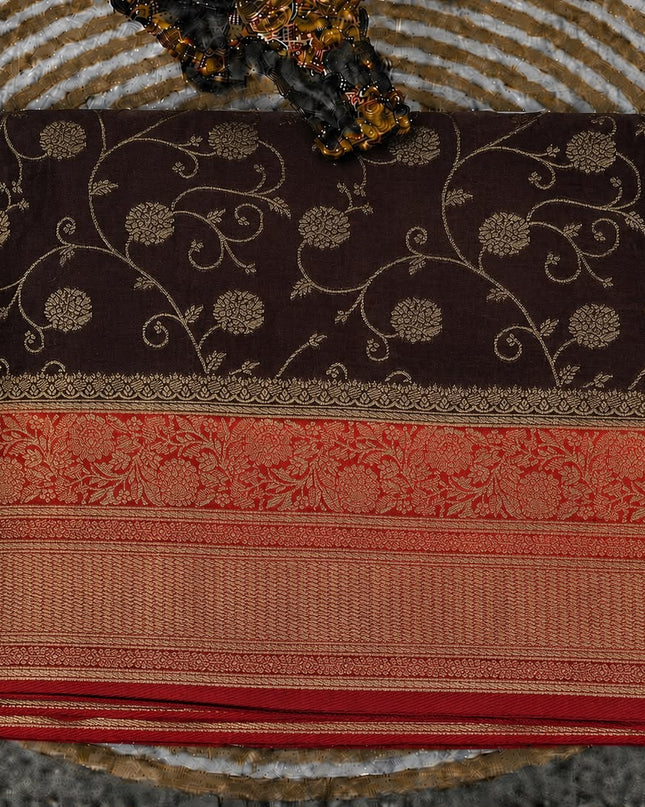 Banaras Saree With All Over Golden Zari Leaf Design and Zari Kaddi Border -  Brown