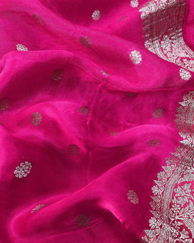 Manipuri kota  Gold and silver  Zari weaving Buttis  with Satin Border -Rani Pink