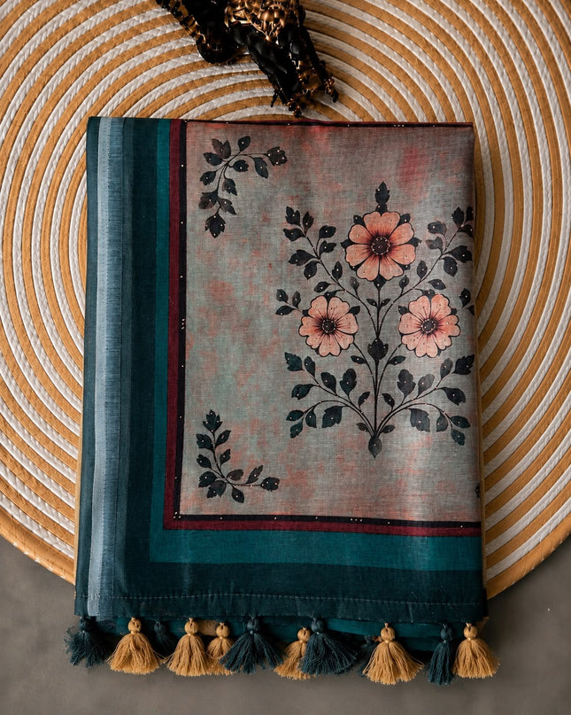 Tusser Silk Saree with Floral Print  contrast Border  - Rama Green