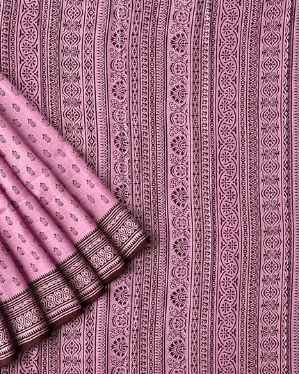 Pure Silk Saree With All Over Block Print - Light pink