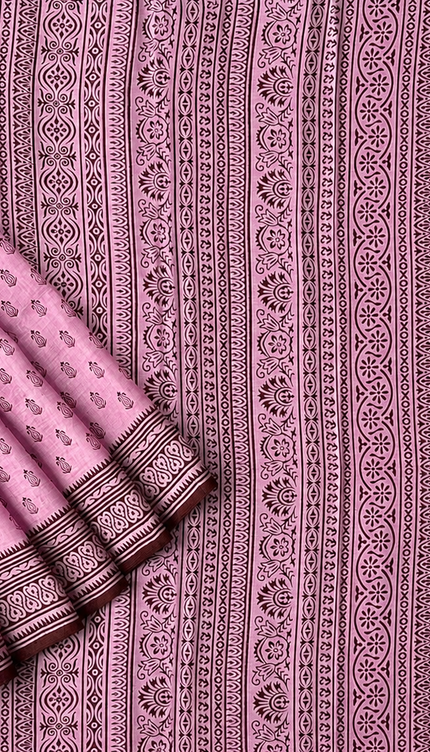 Pure Silk Saree With All Over Block Print - Light pink