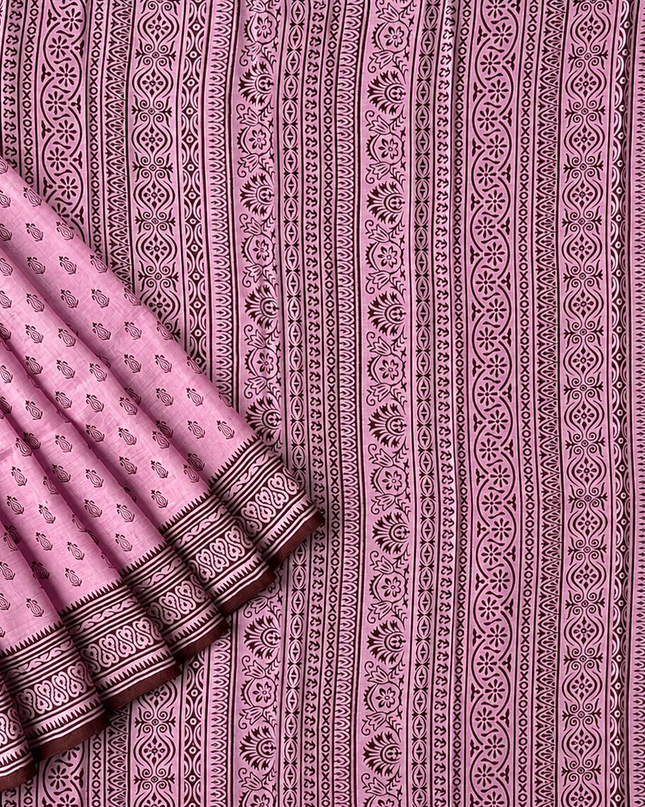 Pure Silk Saree With All Over Block Print - Light pink