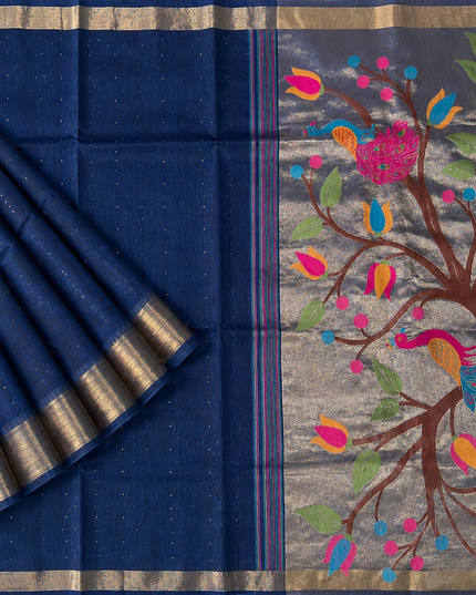 Jute Tusser Saree  with All over Sequence Work and Golden Border - Navy