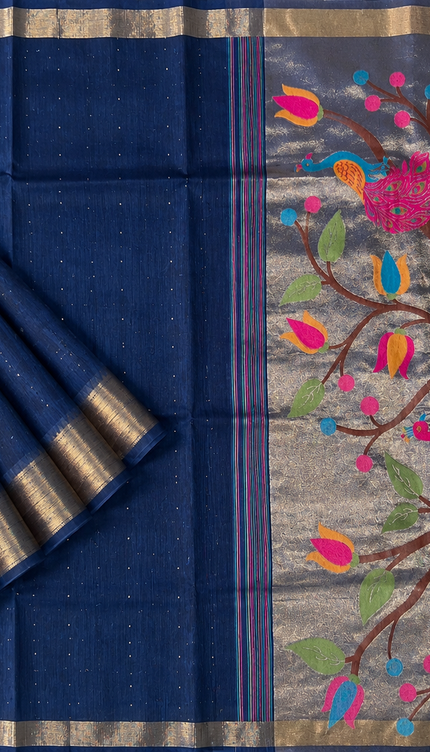 Jute Tusser Saree  with All over Sequence Work and Golden Border - Navy