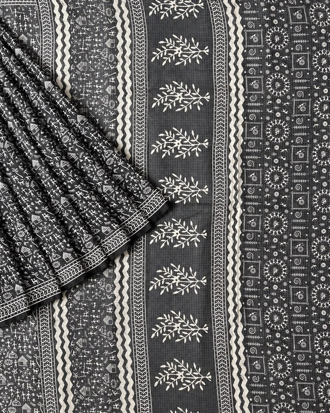 Kota Saree with Warly Printed - Black