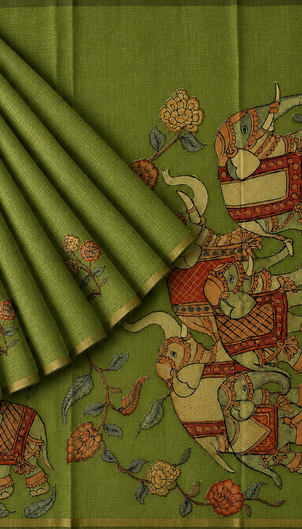 Linen Tissue Saree With Applique Work small Zari Border - Green