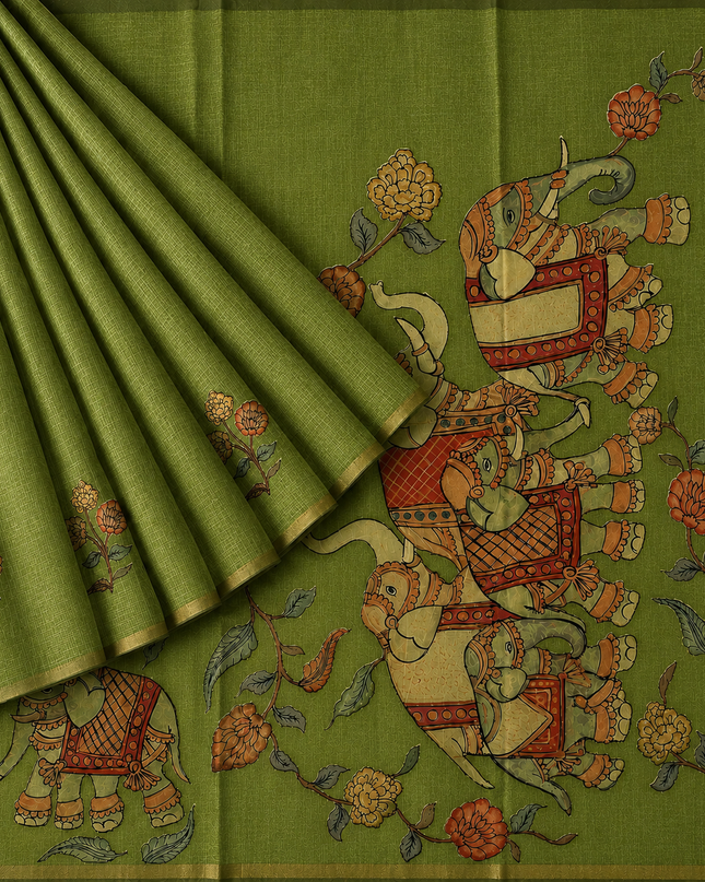 Linen Tissue Saree With Applique Work small Zari Border - Green