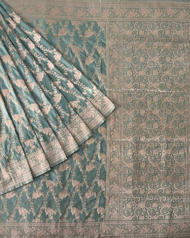 Banaras saree with All over Antic Zari Weaving Jall Design and Zari Antic Border - Sage Green
