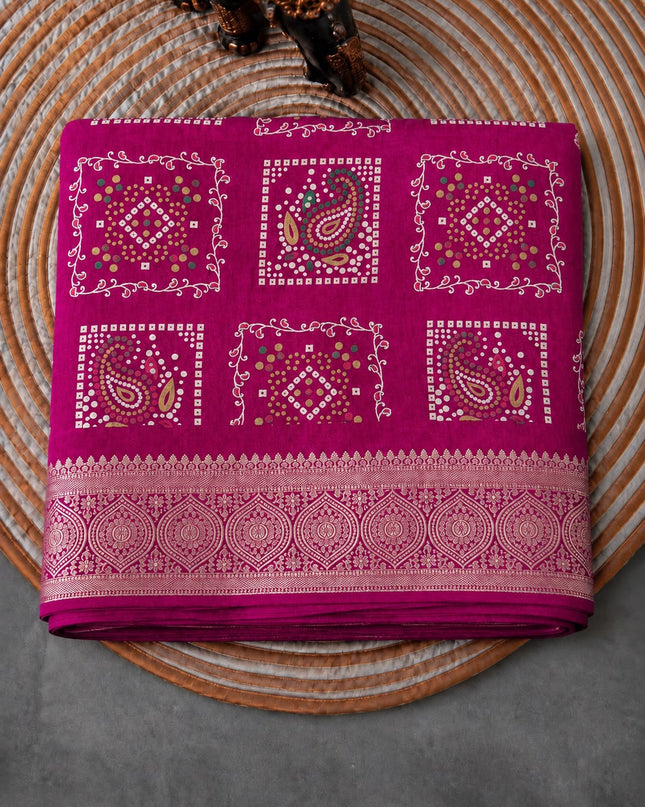 Tusser Silk Saree With Bhandni Print and Golden Border - Magenta