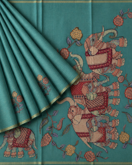 Linen Tissue Saree With Applique Work small Zari Border -  Light  Blue