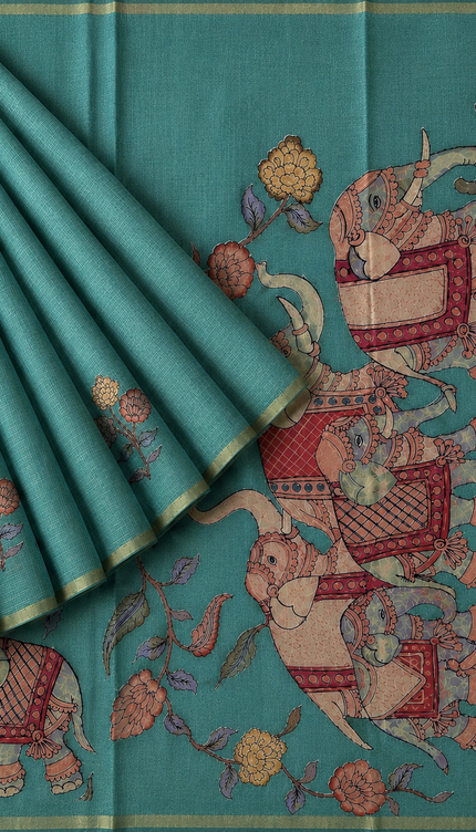 Linen Tissue Saree With Applique Work small Zari Border -  Light  Blue