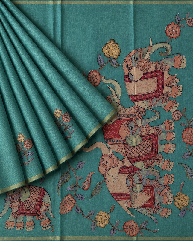 Linen Tissue Saree With Applique Work small Zari Border -  Light  Blue