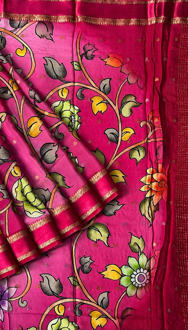 Banaras Crepe Saree with Weaving Butties and Satin Border- Rani Pink