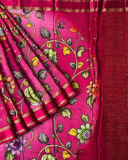 Banaras Crepe Saree with Weaving Butties and Satin Border- Rani Pink
