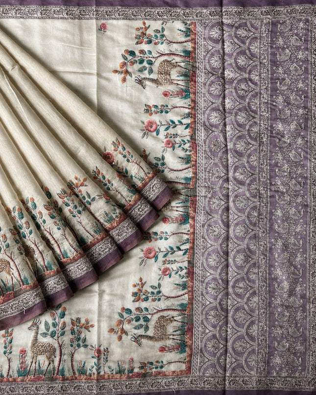 Chanderi Saree With Floral and Kantha Work and  Contrast Border- Beige