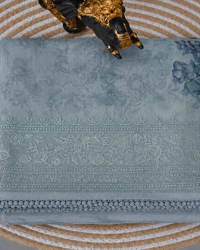 Silk Kota Saree with Floral Print and Thread Embroidery work Border with Lace -Light Blue