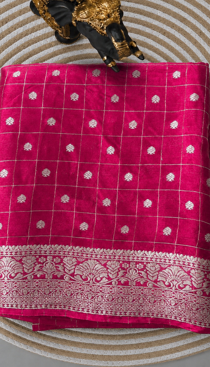 Chinon Silk Saree  with Golden Zari  Weaving Checks Design With Small Butties  Contrast Golden Zari Border -Magenta