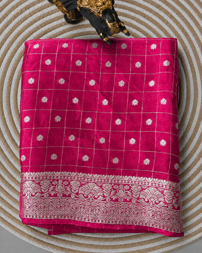 Chinon Silk Saree  with Golden Zari  Weaving Checks Design With Small Butties  Contrast Golden Zari Border -Magenta