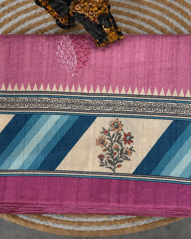 Tusser Saree With All Over Thread Embroidery  Work Flower Print Border - Purple