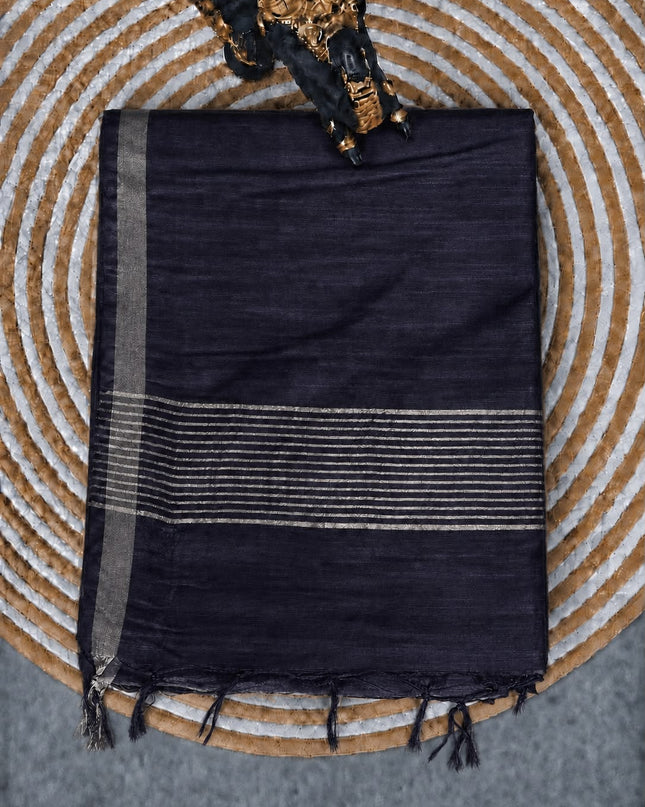 Semi Tusser Saree with Zig Zag Print and Warly Print and contrast Border -  Navy