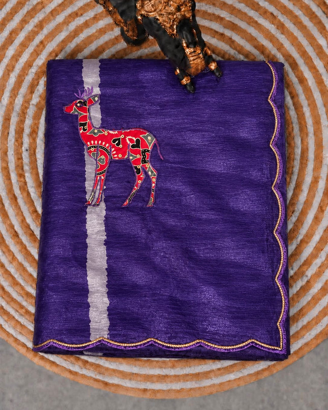 Soft  Orznga  Saree With Applique work and scallop Border-  Violet