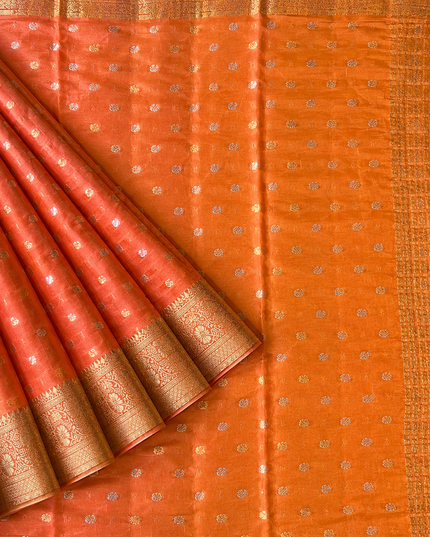 Chiffon Saree With Gold & Silver Zari Butties and Gold Zari Flower Design Border- Coral