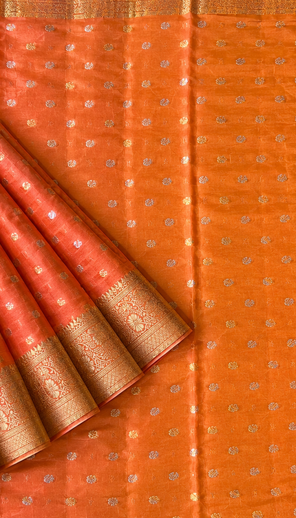 Chiffon Saree With Gold & Silver Zari Butties and Gold Zari Flower Design Border- Coral
