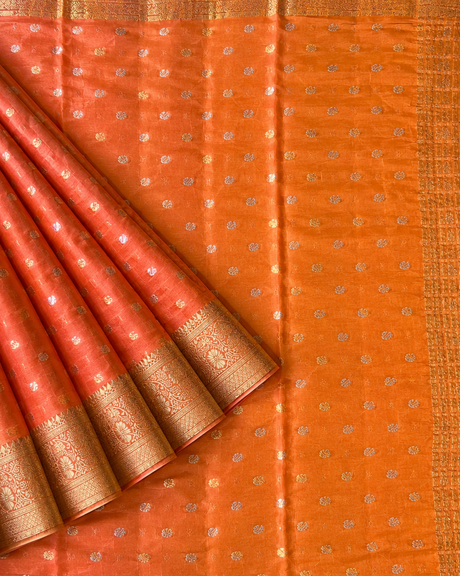 Chiffon Saree With Gold & Silver Zari Butties and Gold Zari Flower Design Border- Coral