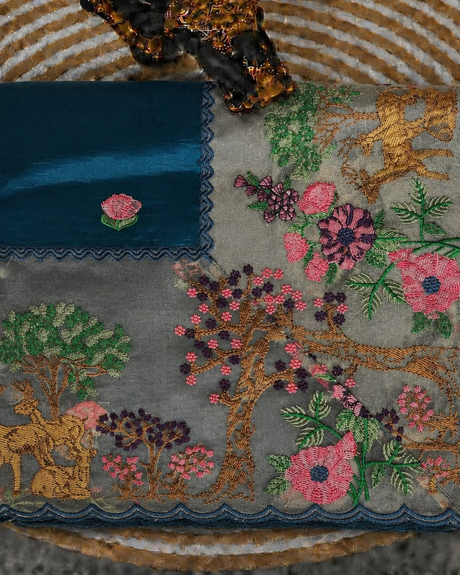 Dupion Saree with Thread Work and Scallop  Kora Border - Teal Blue