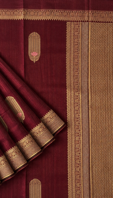 Semi Raw Silk Saree With Gold Zari Weaving Meenakari Butties and kaddi Border - Maroon