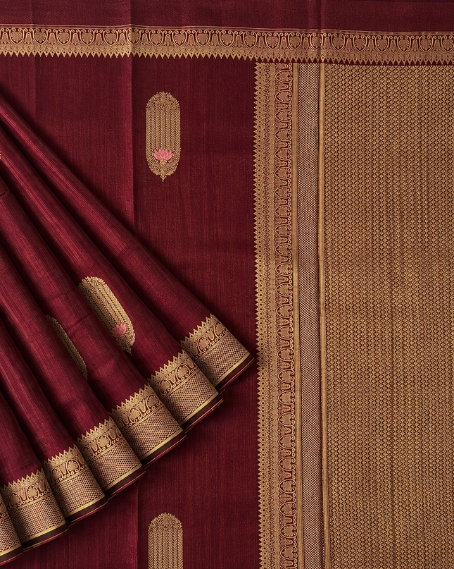 Semi Raw Silk Saree With Gold Zari Weaving Meenakari Butties and kaddi Border - Maroon