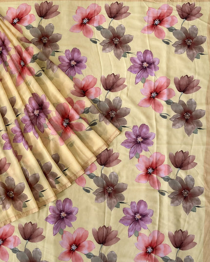 Georgette Saree With Allover Floral Print With Contrast Border - Mustard